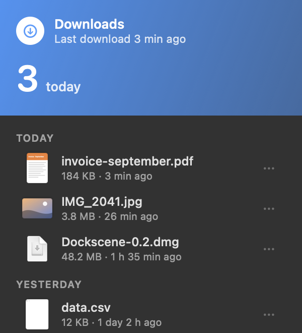 The Downloads popover listing recent files