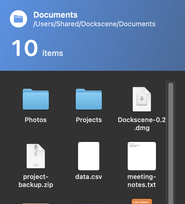 A folder popover showing documents and photos in a grid