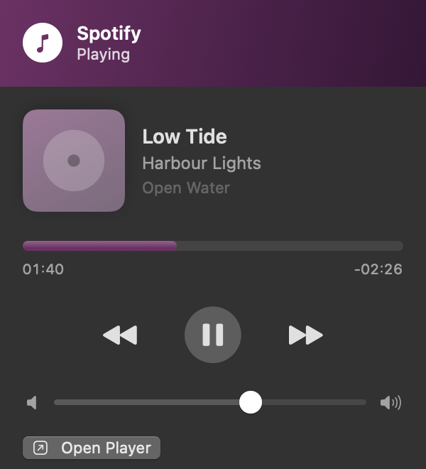 The Now Playing popover with album art, playback controls and volume