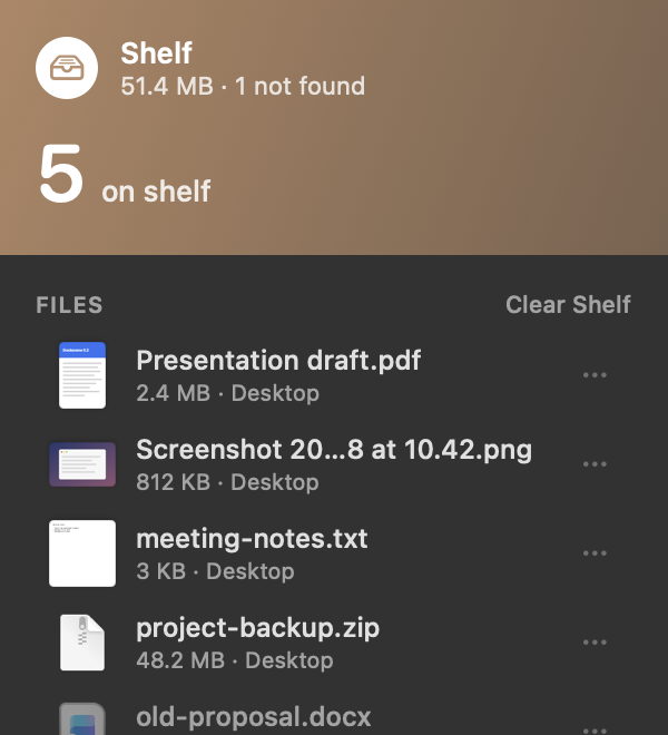The Shelf popover with files parked on it