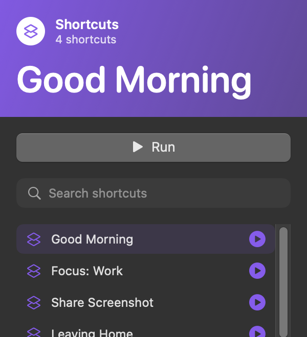 The Shortcuts popover listing shortcuts with a search field
